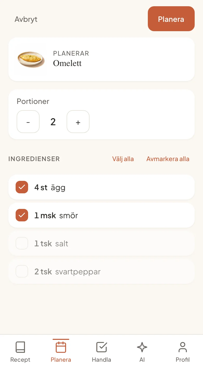 Från recept till inköpslista med ett tryck