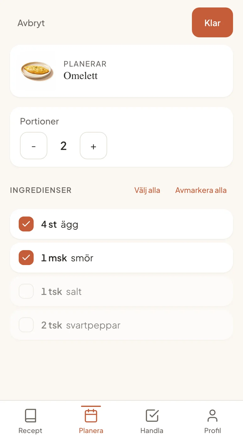 Från recept till inköpslista med ett tryck